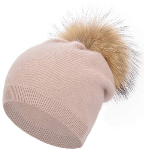 Women's Winter Double Layer Slouchy Beanie with Genuine Raccoon Fur Pom Pom - color: Dusty Pink