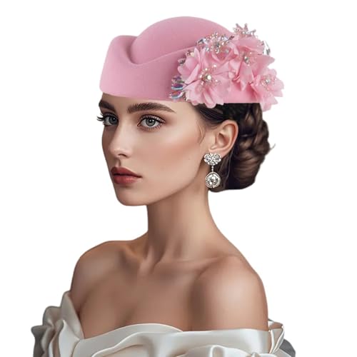 Women Vintage Church Hat Applique Felt Pillbox Hat Fascinator Tea Party Cap - color: Z1-pink
