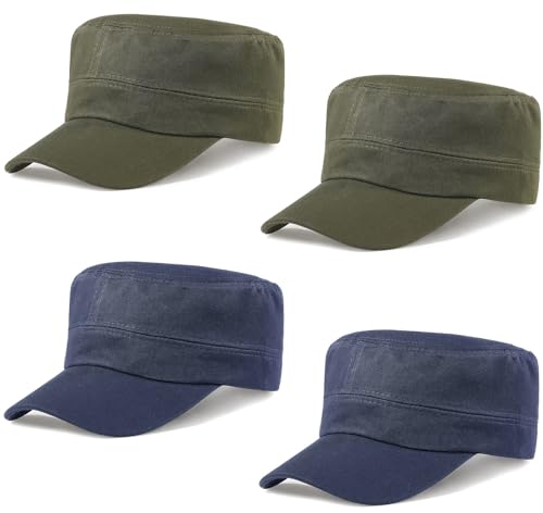 Glamorstar Unisex Cadet Army Hats 4 Pieces Military Flat Top Newsboy Cap - color: 2 Amry Green + 2 Navy