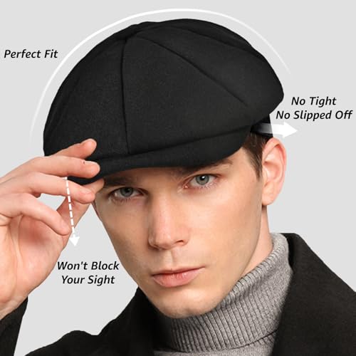 Mens Newsboy Cap High Woolen Tweed Gatsby Hat Ivy Cabbie Flat Golf Cap for Fathers Women Unisex - color: Black, size: 7 1/8-7 1/4