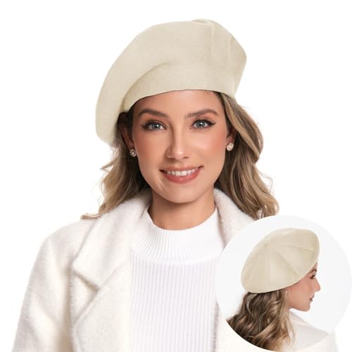 Women's Knitted Beret, French Style Double Layer Winter Autumn Warm and Soft Beanie Hat Cap - color: Beige