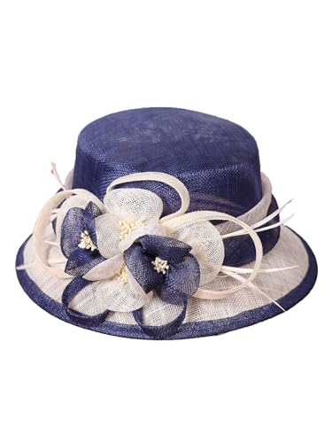 HIMESPORT Retro Sinamay Veil Flower Bride Wedding Fascinator Hat Feather Bowler Hat Hair Accessory Banquet Cocktail Party - color: Blue White
