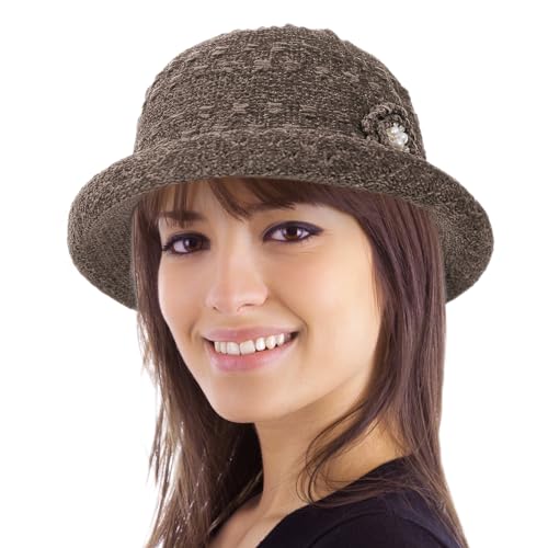 Women Winter Knit 1920s Vintage Bucket Bowler Hat Round Brim Warm Hat - color: 2light Khaki