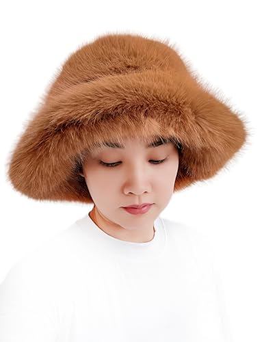 Lina & Lily Oversized Winter Faux Fur Bucket Hat for Women - Long Pile Fur Wide Moldable Brim - color: Light Brown
