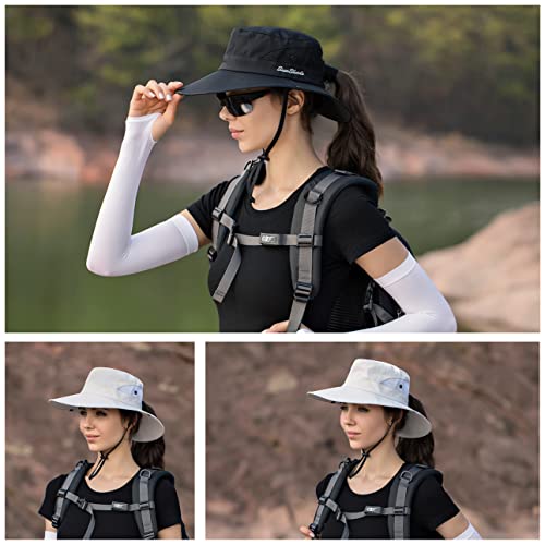 IYEBRAO 2 Pack Womens Ponytail Sun Hat UV Protection Bucket Hats Foldable Wide Brim Summer Boonie Beach Cap Fishing Hiking… - color: Black & Pure Beige