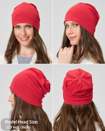 ROYBENS 100% Cotton Thin Slouchy Beanie Hat Women Men Lightweight Chemo Cap - color: 2pcs Black+red