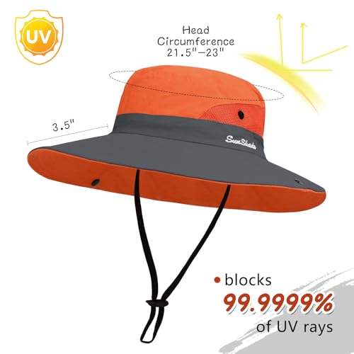 ZOORON Women's Ponytail Safari Sun Hat,Wide Brim UV Protection Bucket Hat - color: 2-black+orange