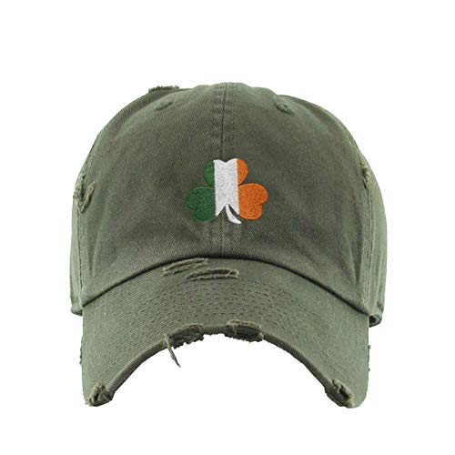 Irish Shamrock Vintage Baseball Cap Embroidered Cotton Adjustable Distressed Dad Hat - color: Olive
