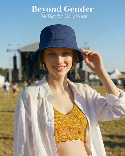 HONGTEYA Bucket Sun Hats for Woman Men Cotton Summer Beach Hat Golf Fishing - color: Navy Blue, size: Medium