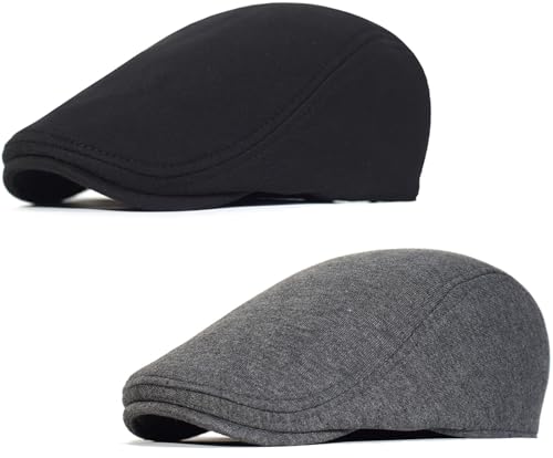 2 Pack Newsboy Cap for Men Women Flat Cap Beret Ivy Cabbie Hat - color: Black + Dark Gray