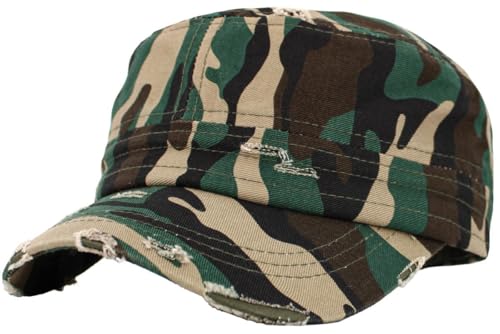Vintage Distressed Cadet Army Cap Basic Everyday Military Style Hat - color: Camo Vintage Distressed