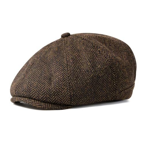 VOBOOM Men Wool Blend 8 Panel Newsboy Cap Tweed Hat - color: Herringbone Coffee