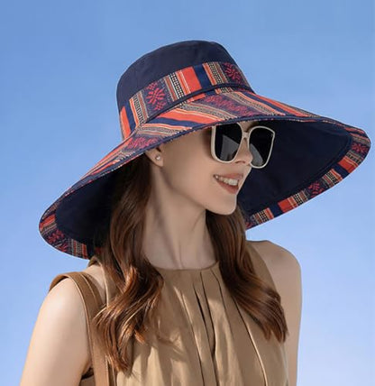 Reversible Wide Brim Sun Hat, Double-Sided Bucket Hat with Chin Strap, Packable UV Protection Beach Hat, Yellow - color: Navy Blue