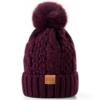 Women's Winter Pompom Beanie Warm and Cozy Knit Hat Fleece Lining Skull Cap for Women - color: Purple