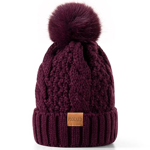 Women's Winter Pompom Beanie Warm and Cozy Knit Hat Fleece Lining Skull Cap for Women - color: Purple