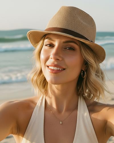 Straw Sun Hat for Men Women Short Brim Beach Trilby Hat UPF 50+ - color: Brown Belt Khaki