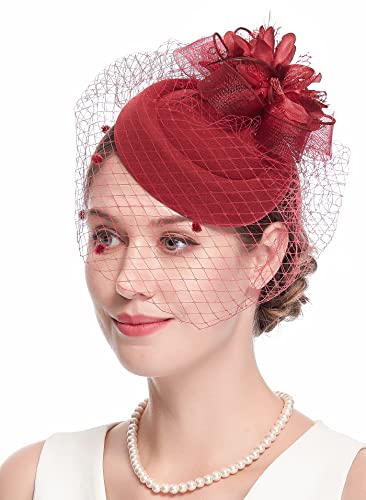 Fascinator Hats for Women 20s 50s Vintage Pillbox Hat Kentucky Derby Fascinators Flower Veil Wedding Tea Party Hat - color: 1-burgundy