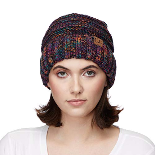 C.C Hat-100 Oversized Baggy Slouch Thick Warm Cap Hat Skully Cable Knit Beanie - color: Black-multi