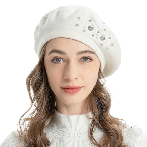ZLYC Women French Beret Hat Reversible Solid Color Mosaic Warm Artist Cap - color: Embroidered Flowers White