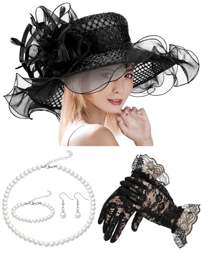 Derby Hat for Women 2026 Wide Brim Organza Sun Church Hat Set Feather Floral Fascinator for Tea Party Wedding Derby - color: Black