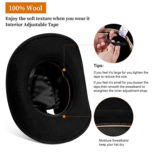Cowboy Hat Water-Resistant Felt Hats 100% Wool Wide Brim Western Panama Rancher Hat for Women Men - color: Black 01-cowboy Hat, size: 7 1/8