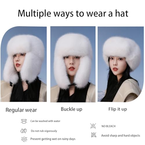 Women's Fluffy Trapper Hat, Long Pile Faux Fur Ushanka hat with Buckle, Luxurious Mink-Style Winter Warm Hat - color: Light Khaki