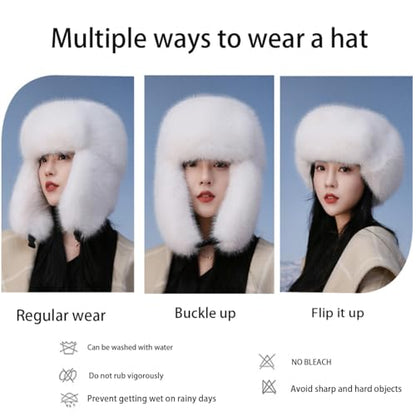 Women's Fluffy Trapper Hat, Long Pile Faux Fur Ushanka hat with Buckle, Luxurious Mink-Style Winter Warm Hat - color: Light Khaki