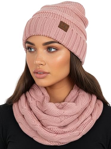 Funky Junque Slouchy Beanie & Infinity Scarf Gift Set – Matching Winter Accessories Sets for Women, Oversized Hat and Scarves - color: Indi Pink