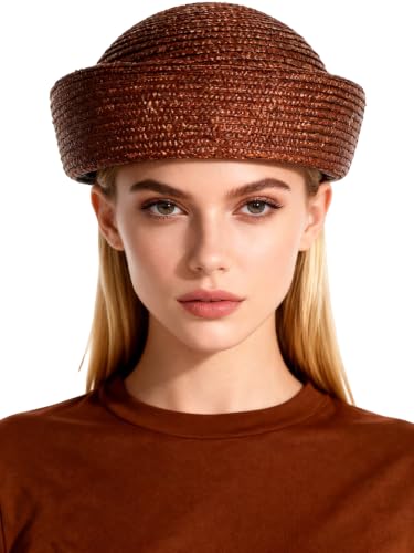 Straw Pillbox Hats for Women Ladies Vintage Wedding Formal Church Tea Party Cocktail Hat - color: Brown