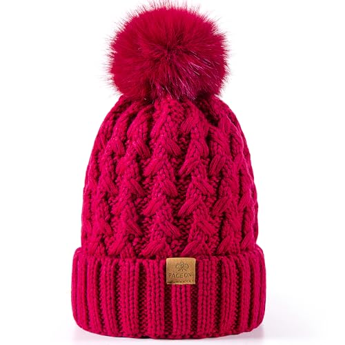PAGE ONE Womens Winter Ribbed Beanie Crossed Cap Chunky Cable Knit Pompom Soft Warm Hat - color: Rose Red