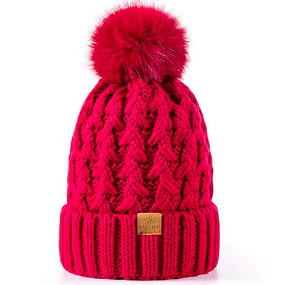 PAGE ONE Womens Winter Ribbed Beanie Crossed Cap Chunky Cable Knit Pompom Soft Warm Hat - color: Rose Red