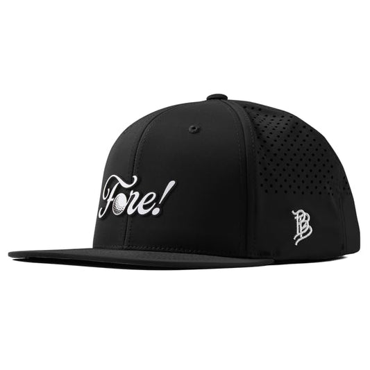 Branded Bills Fore! Performance Golf Hat for Men, 6 Panel Flat Bill Snapback Baseball Cap - color: Black