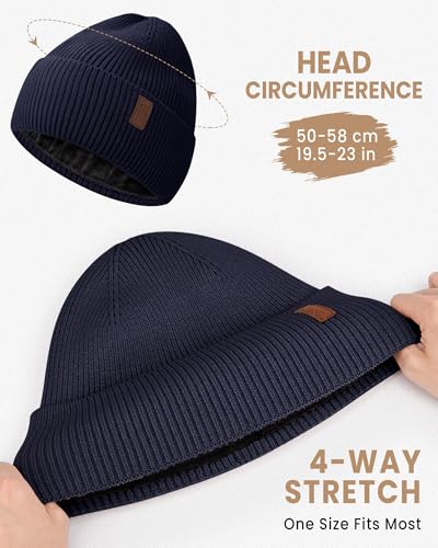 Fleece Lined Winter Beanie for Men Women Warm Windproof Beanies Hats Thick Knit Winter Hat for Cold Weather - color: Black+navy Blue