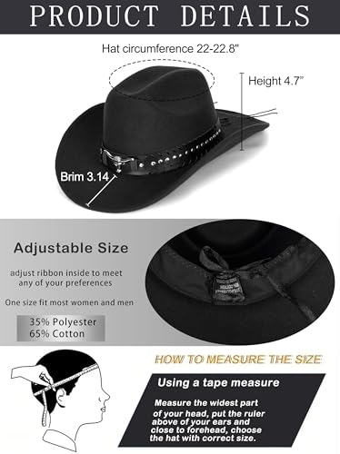 Felt Fedora Western Cowboy Hat for Women Men - color: Black-bull Rivet Band