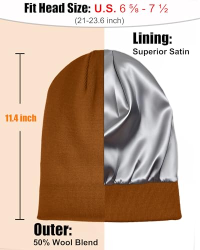 ROYBENS Satin Lined Beanie Hat for Women Men, Wool Knit Cuffed Winter Hats - color: 1pcs Camel