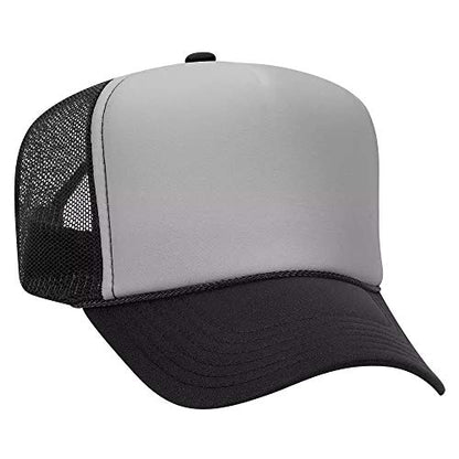 Ashen Fane Polyester Foam Front 5 Panel High Crown Mesh Back Trucker Hat - color: Blk/Gry/Blk