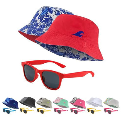 Kids Bucket Hat for Girls & Boys, Packable Fun & Cool Reversible Beach Sun Teen Toddler Bucket Hat with Sunglasses - color: Red/Tropical Surf, size: 3-7 Years