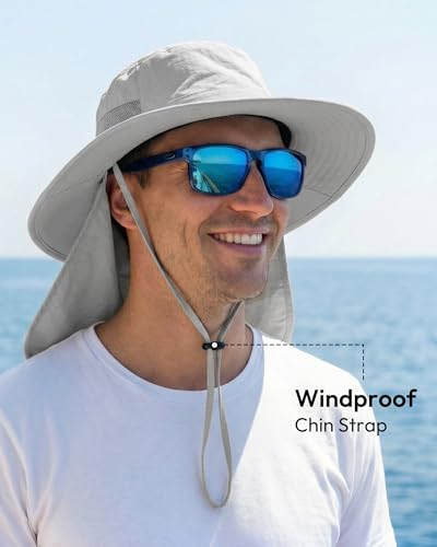 Sun Hats for Men Wide Brim Bucket Hat with Neck Flap for Fishing & Hiking Mens Sun Hat for UV Protection - color: Light Grey