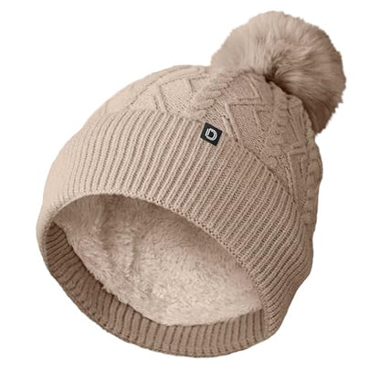 DALIX Cable Knit Pom Beanie Soft Stretch Skully Warm Fuzzy Faux Sherpa Winter Ski Beanie - color: Tan