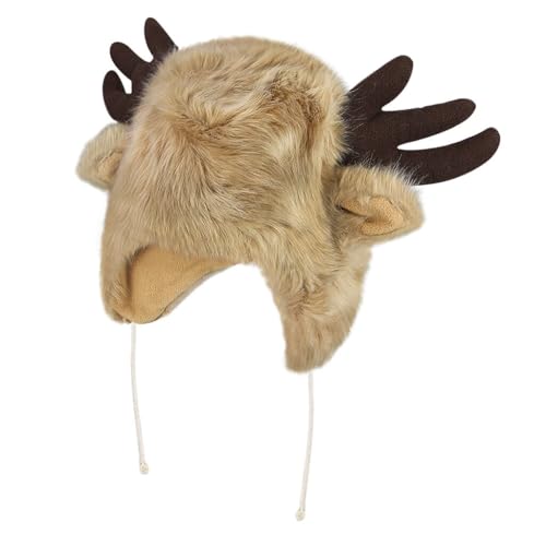 XGOPTS Winter Faux Fur Plush Hat with Horns Warm Animal Horn Ox Earflap Hat - color: Brown