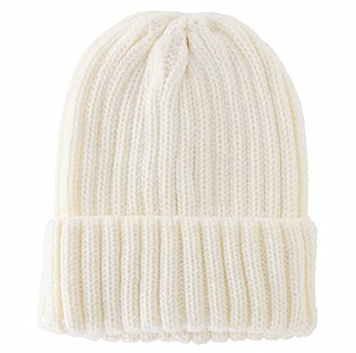 Connectyle Women's Rib Knit Cuffed Beanie Hat Stretch Acrylic Winter Hat Thick Warm Snow Ski Cap - color: White