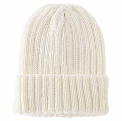 Connectyle Women's Rib Knit Cuffed Beanie Hat Stretch Acrylic Winter Hat Thick Warm Snow Ski Cap - color: White