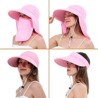 LA CARRIE Women Sun Hats Detachable Wide Brim UV UPF 50+ Face Mask Visor with Neck Flap Hat for Summer Beach - color: Pink
