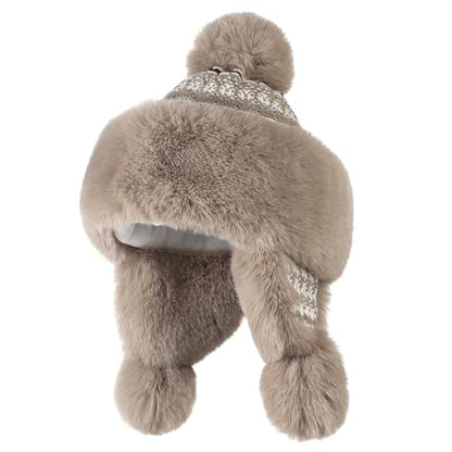 Warmer Faux Fur Trapper Hat for Women, Furry Warm Mongolian Russian Skiing Winter Cold Windproof Earflap Outdoor Cap - color: Khaki 01