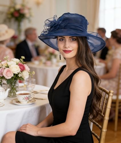 Haojing Women's Organza Church British Fascinator Bridal Tea Party Wedding Hat Summer Ruffles Cap - color: Hjh-navy Blue Flower