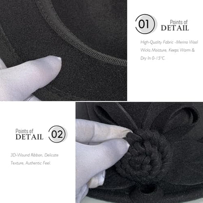 Woolen Cloche Hat for Women, Flower Winter Warm Bucket Cap - color: Black
