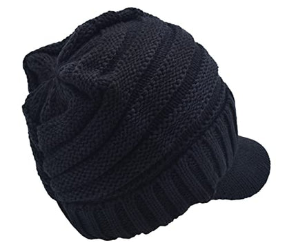 C.C Trendy Warm Oversized Chunky Soft Oversized Ribbed Slouchy Knit Hat with Visor Brim - color: Black