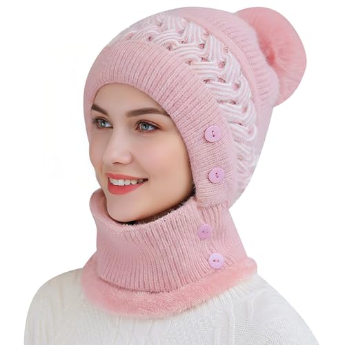 HUAMULAN Women Winter Knit Balaclava Fleece Lined Hooded Beanie Hats - color: Pink, size: One Size