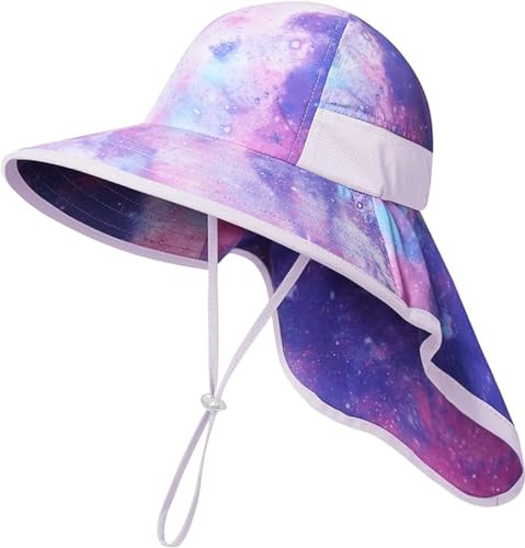icolor Kids Sun Hat UPF50+ Sun Protection Bucket Hat Toddler Summer Beach Play Hats with Neck Flap for Girl Boy Ages 3~10 - color: Pinkgalaxy