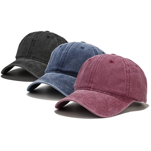 Baseball Cap 3 Pack, Vintage Distressed Cotton Dad Hats for Women Men - color: Black, Burgundy, Dark Blue